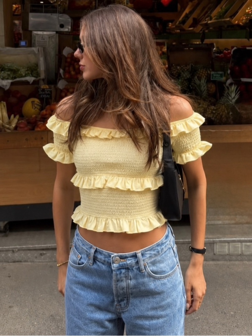 H&M Butter Yellow Smocked Peplum Ruffle Off-The-Shoulder Top coquette aesthetic